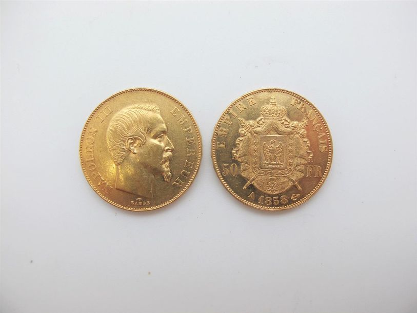 Null Deux monnaies de 50 francs or, France, de 1855 et 1858.
Poids : 32,2 g