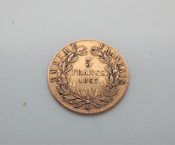 Null Une pièce de 5 franc or, Napoléon III tête nue, 1857. Poids: 1,6g