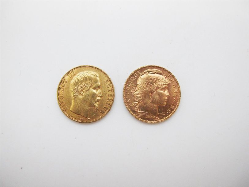 Null Deux pièces de 20 francs or: au coq 1912, Napoléon tête nue 1854.Poids: 13 &hellip;