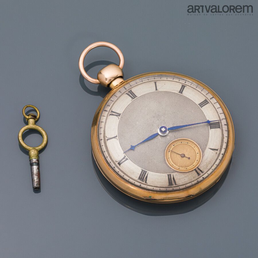 Null Pocket watch in yellow gold 750°/°°, silvered dial with Arabic numerals, mi&hellip;