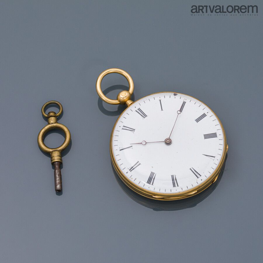 Null Pocket watch in yellow gold 750°/°°, white enamelled dial with Roman numera&hellip;