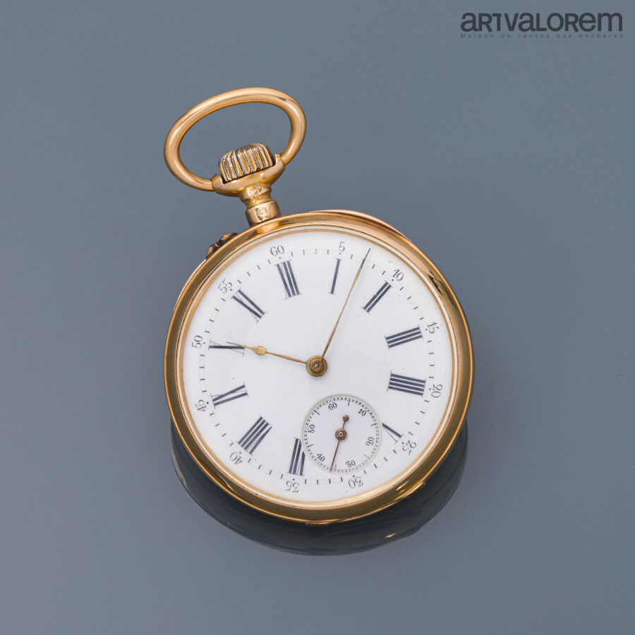 Null Pocket watch in yellow gold 750°/°°, white enamelled dial with Roman numera&hellip;