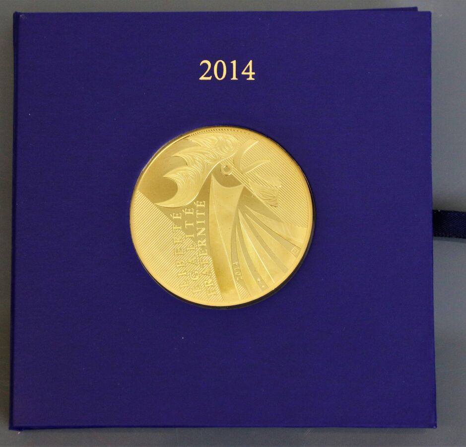 法国 
一枚5000欧元的硬币，上面有一只999°/°的金公鸡。巴黎造币厂版, 2014 
重量：100克