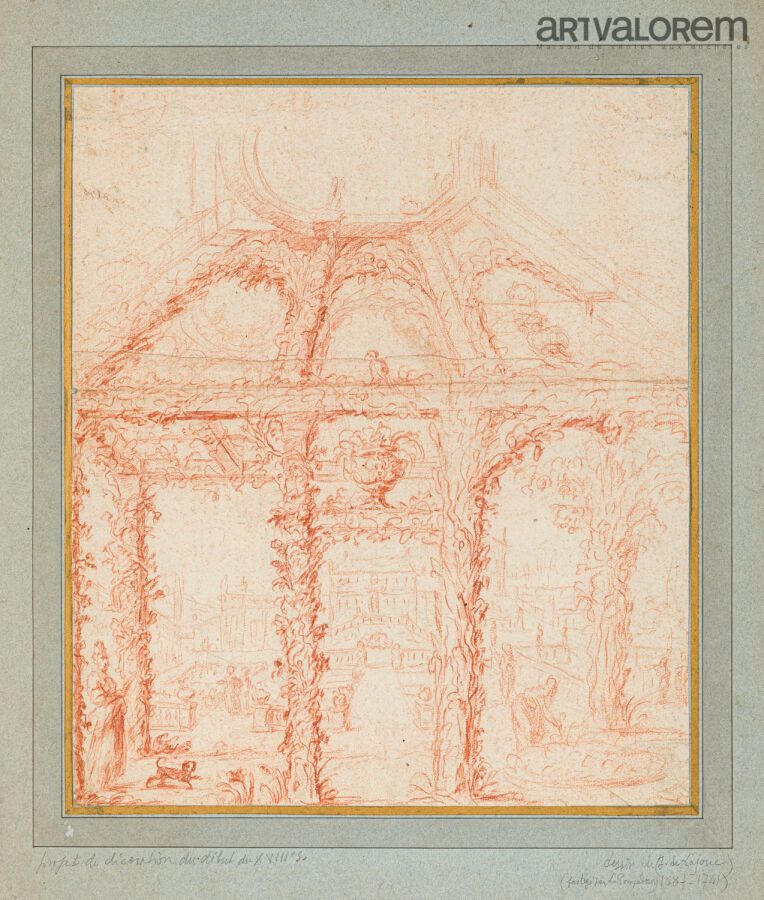 Null 法国学校，18世纪初

繁忙花园中的凉亭项目，背景是一座房子。

阴阳师对纸板上的拼贴画

以前归属于德-拉约的作品

在一个旧支架上，有折痕和微小的&hellip;