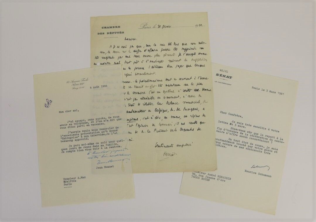 Null 州长。3份文件。

赫里欧-爱德华（1872-1957）。签署的亲笔信。

巴黎，1921年2月21日。1页，4开本。众议院的头。左侧边缘有2个孔，文&hellip;