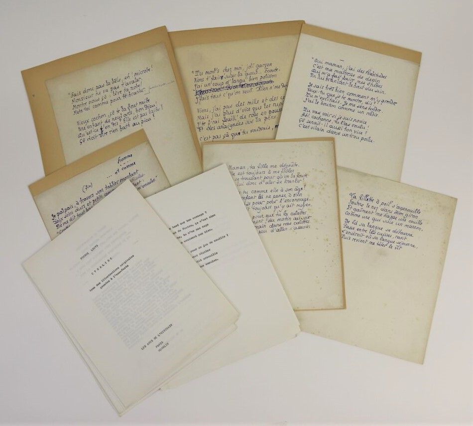 Null CURIOSA

卢埃斯-皮埃尔(1870-1925)

美丽的一套6首亲笔签名的色情诗（s.L.N.D.）。5页半，4开本，用紫色墨水书写，粘贴在坚&hellip;