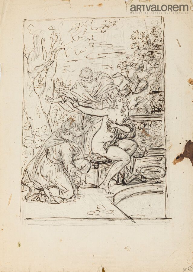 Null 让-克劳德-奈杰尔 (1753 - 1832)

苏珊娜和老人的预备性学习

铅笔线上的黑墨水和深褐色钢笔画，右下方有工作室印章

47 x 34 c&hellip;