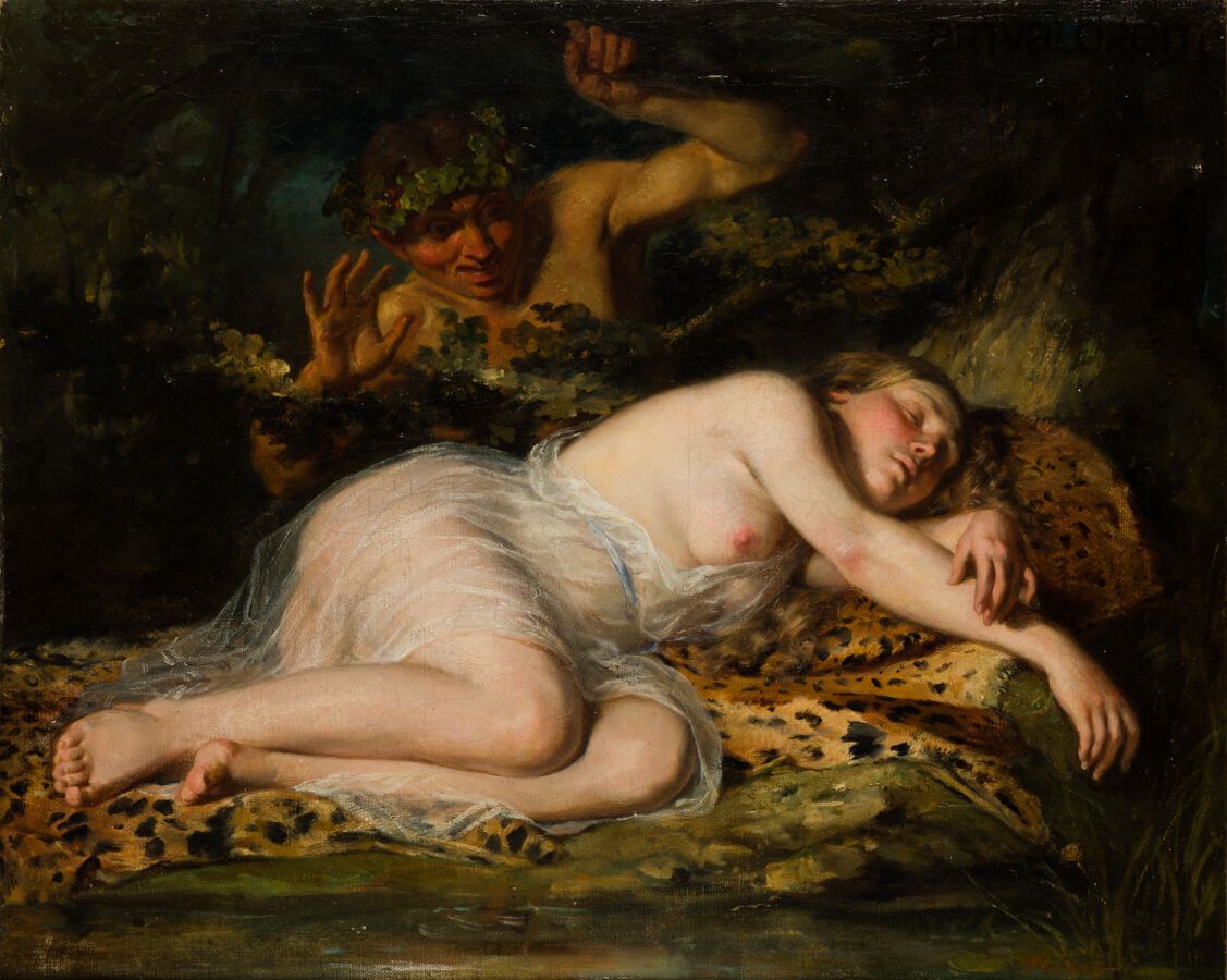 Null 奥塔夫-塔萨特 (1800-1874)

萨提尔看着一个睡着的女人。

布面油画，右下角有签名

42 x 52,5 cm (修复，对框架的意外)
