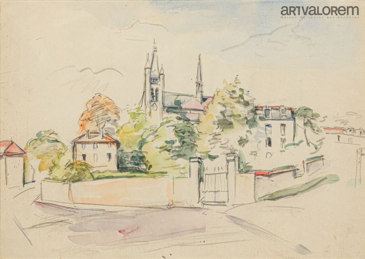 Null 现代学校

有教堂的村庄

纸上水彩画，无签名

25.5 x 36 cm

(日照)