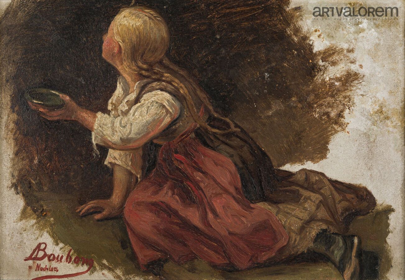 Null 布邦-安东尼，1842-1908。

拿着碗的年轻女孩。

纸上油画素描，裱在纸板上，左下方有签名：A Bubong nachlass，纸板背面有墨水&hellip;