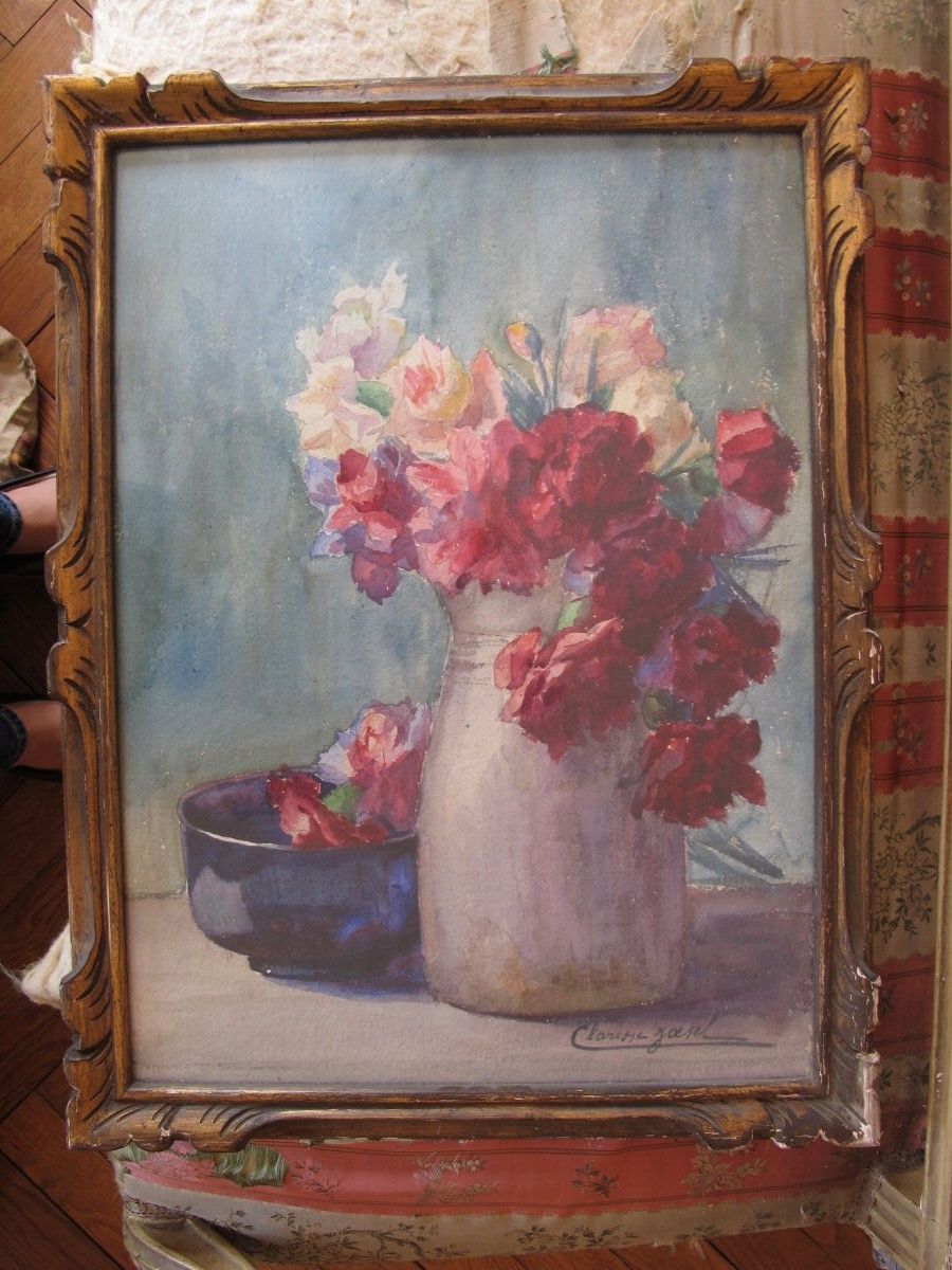 Null Clarisse GASEL (20世纪)

银莲花花束和玫瑰花束

纸上水彩画，右下角有签名。

51 x 37厘米（见图）。镀金和雕刻的木框。