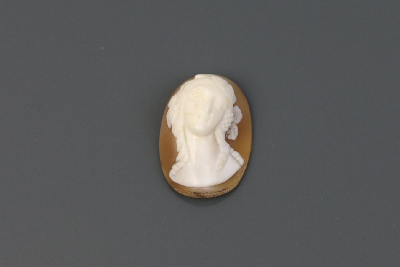 Null 一个贝壳浮雕，代表一个戴着葡萄的女人半身像。

尺寸：3,2 x 2,2 cm

（脸上的小毛）