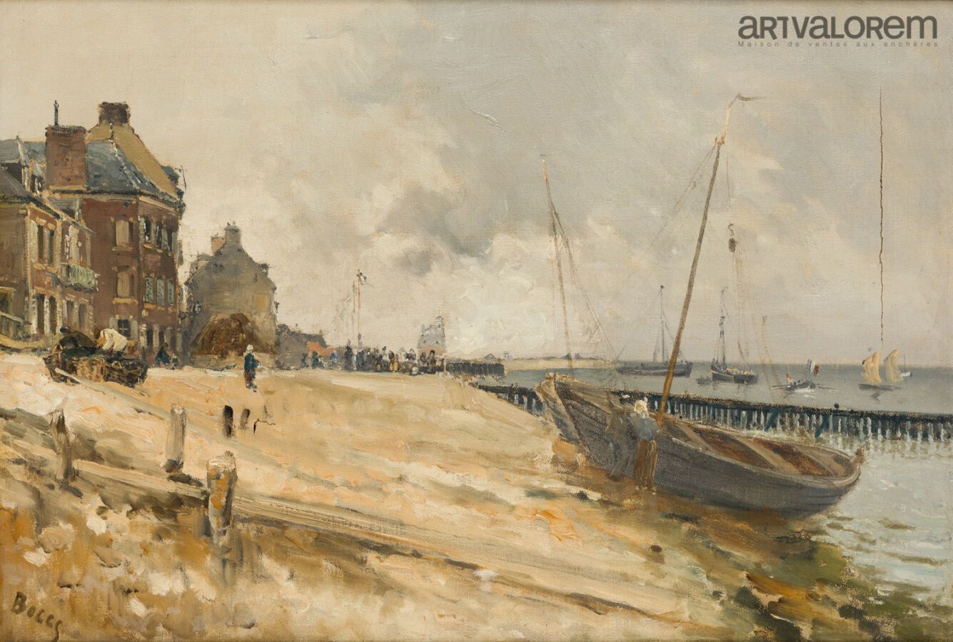 Null 弗朗克-威廉-博格斯(1855-1926) 
诺曼底的海滩和房屋。 
布面油画，左下方有签名。 
38 x 55厘米。 
(意外事件)
木质框架和镀金&hellip;