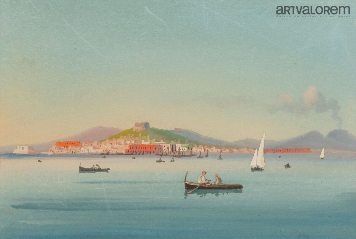 Null ECOLE NAPOLITAINE du XXème siècle.
Vue de Naples et du Vésuve avec barques &hellip;