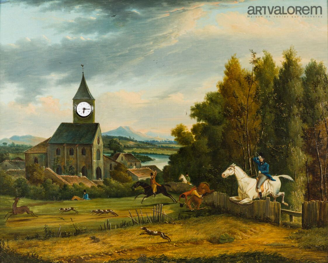 Null 19世纪的法国学校
在院子里打猎，跳跃的树篱。
时钟画。
63 x 78.5厘米
(缺失)
修订后的机制