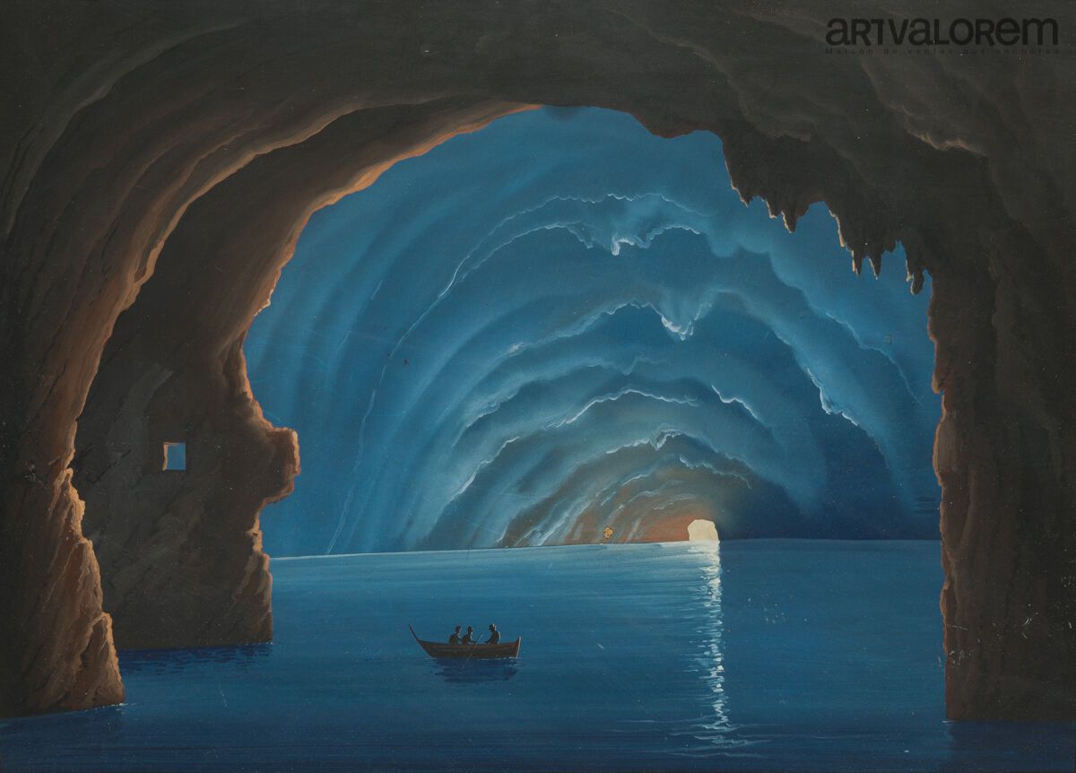 Null ESCUELA NAPOLITANA del siglo XIX. 
Grotta blu en Capri,
Gouache con leyenda&hellip;