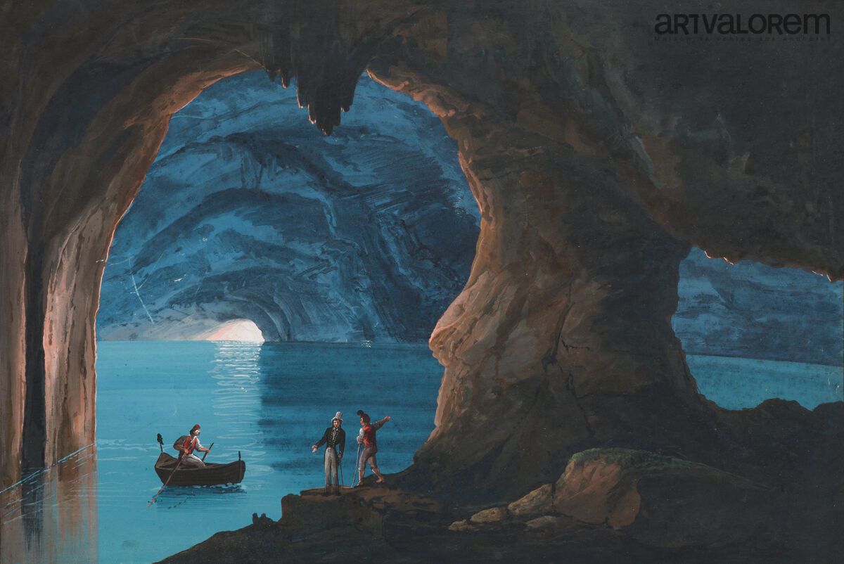 Null 19世纪的NAPOLITAN学校。 
卡普里岛的Grotta blu。
水粉画，中央下方有说明。
38.5 x 54 cm (展示中)
黑色模制画框