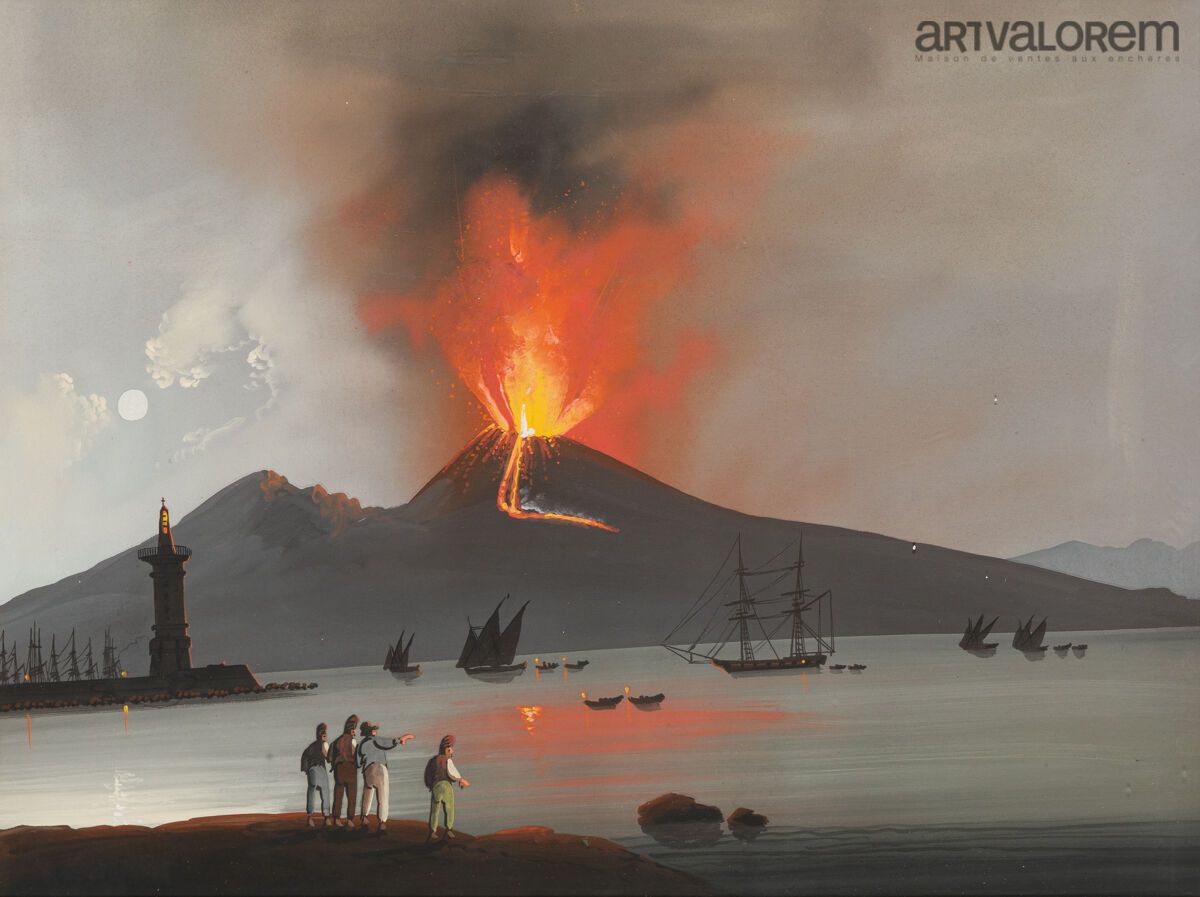 Null 19世纪的纳波利坦学校。
欣赏维苏威火山喷发和熔岩流的观众。
纸上水粉画
29.5 x 40 cm (视线)
紫檀木框架上镶嵌着丝线。