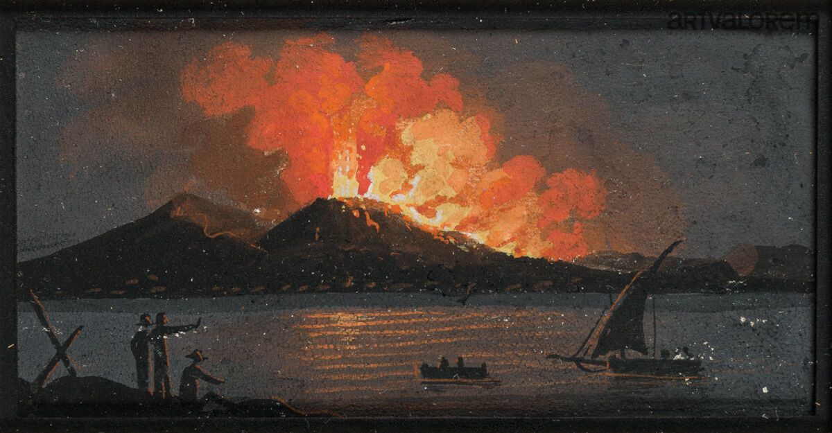 Null SCUOLA NAPOLITANA del XIX secolo. 
Eruzione del Vesuvio,
Guazzo su carta.
4&hellip;