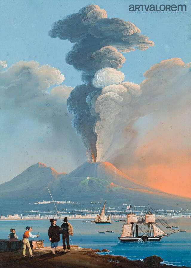 Null 19世纪的纳波利坦画派--M.MAUTON（19世纪） 
维苏威火山爆发，观众和船在黎明时分。
纸上水粉画，标题为 "Cenere Del 30 Ag&hellip;