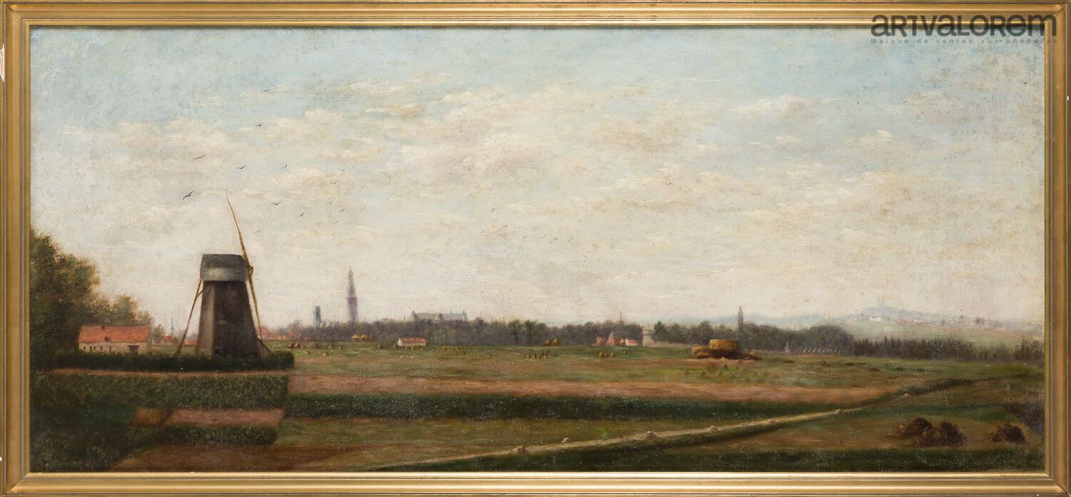 Null 19世纪下半叶的北方学校 
阿拉斯，Feuchy的磨坊。 
布面油画。
46 x 102厘米
(修复)
镀金木框（事故和小部分缺失）。