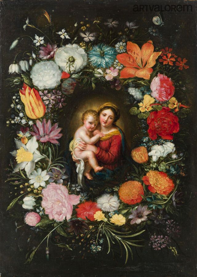 Null 归功于小扬-布吕盖尔（1601-1678），他是活跃在安特卫普的画家，根据皮埃尔-米尼亚尔的模型创作的《圣母与圣婴》。 
圣母和儿童被蝴蝶和昆虫的花环&hellip;