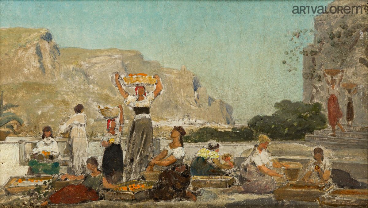 Null 爱德华-桑(Edouard SAIN)(1830年生于克鲁尼-1910年生于巴黎)。
卡普里的橙色收获
木板油画，左下有 "Edouard Sain &hellip;