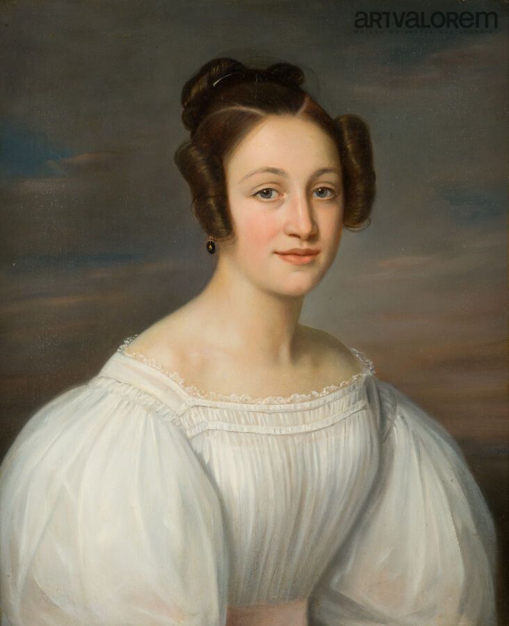 Null 19世纪的法国学校 
穿白衣服的女人肖像
布面油画。
60 x 50厘米
(反转，修复)
修复时期的镀金木框。