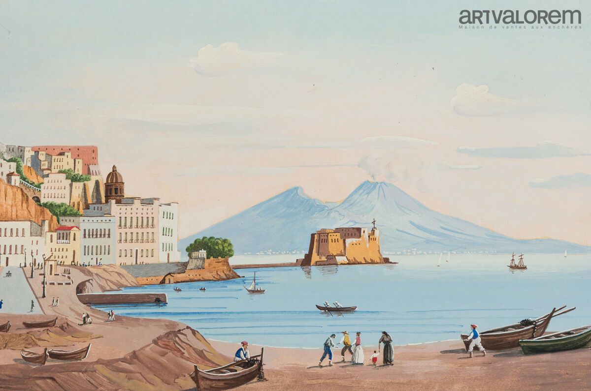 Null ECOLE NAPOLITAINE DU XXème siècle.
Baie de Naples avec le Vésuve,
Gouache s&hellip;