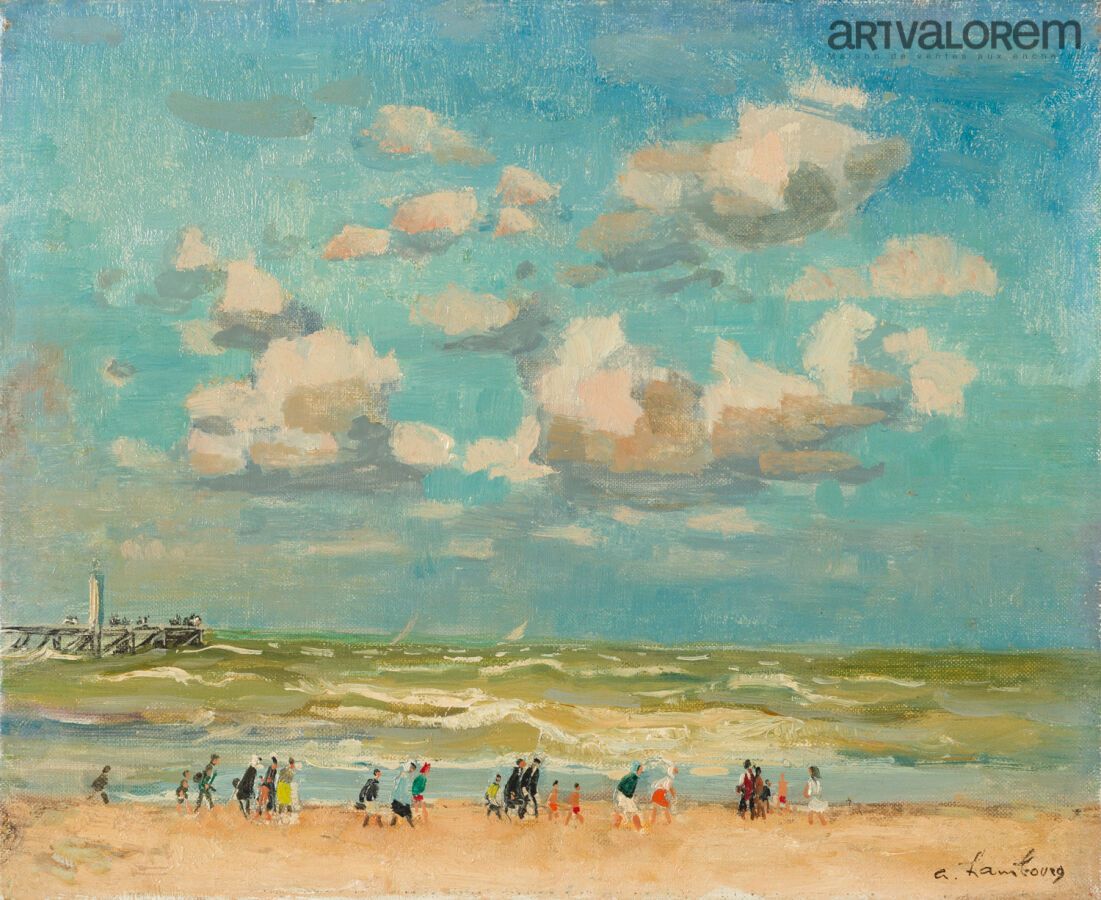 Null 安德烈-汉博格 (1909-1999) 
海滩上的风，特鲁维尔。 
布面油画，右下方有签名，背面有签名、位置和日期1957年。
22 x 27 cm。
