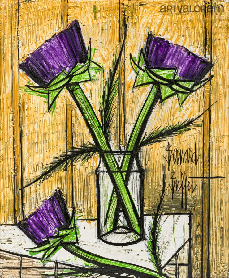 Null 伯纳德-布菲特(1928-1999)
三朵洋蓟花, 1986
Isorel上的油彩。
右侧有签名。背面：标题；编号86B；标签GALERIE MAUR&hellip;