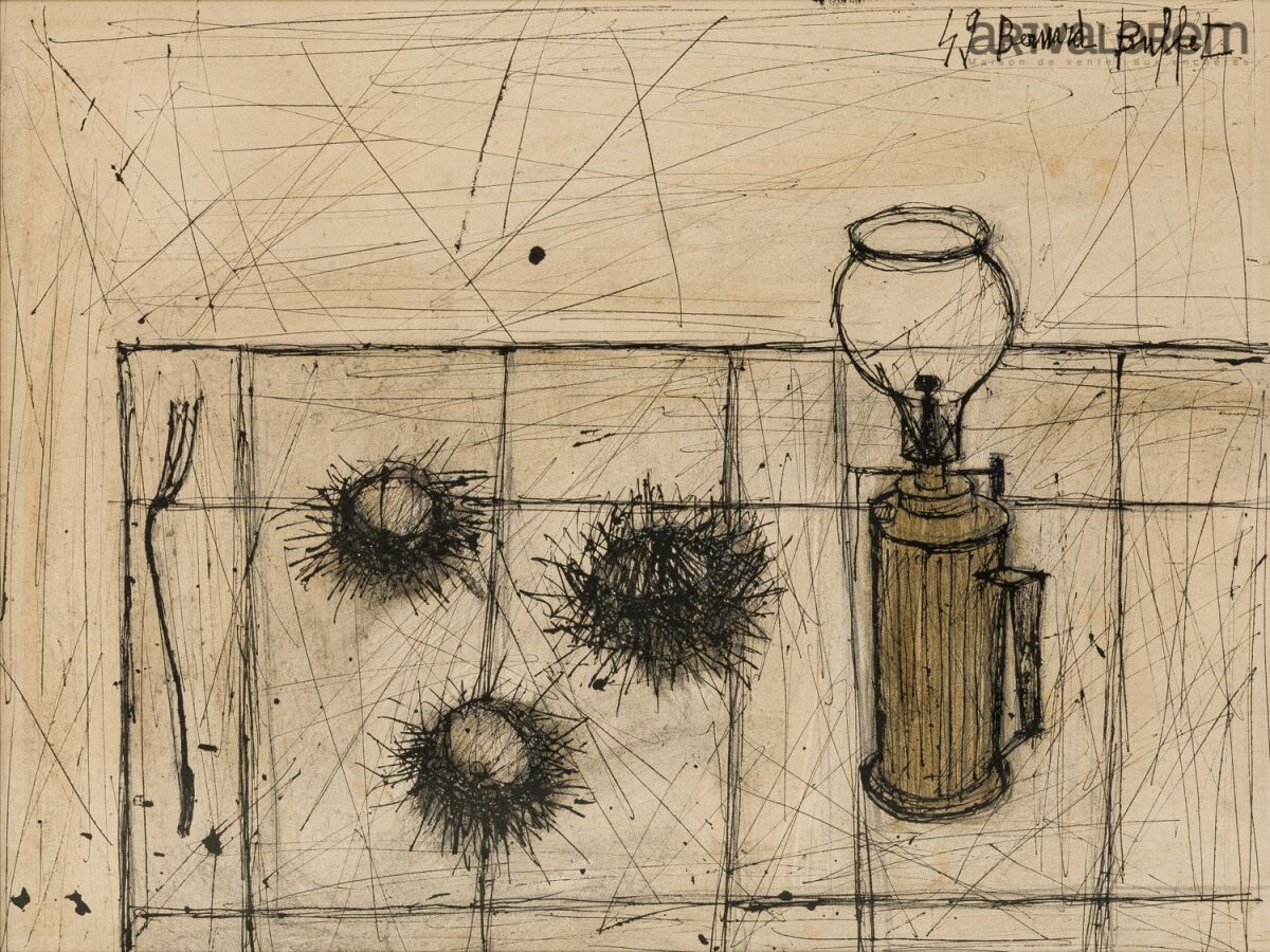 Null 伯纳德-布菲特(1928-1999)
静物与海胆，1949年
纸上的钢笔、黑色水墨和水彩画（无光泽，有些发黄）。
右上方有签名和日期。背面：一个圆形的&hellip;