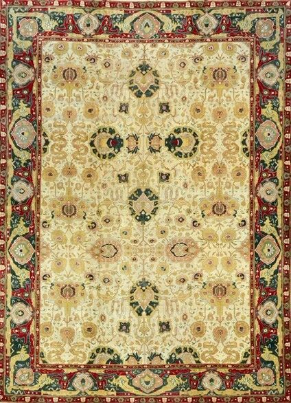 Null 非常重要和具有装饰性的印度阿格拉，约1965年
棉质底座上的高品质丝质羊毛天鹅绒 
米色领域装饰着几何风格的多色球和掌状花和叶子，周围是细密的金黄色蛇&hellip;