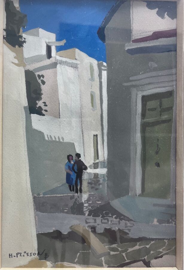 Null Henri PLISSON (1908-2002)
La rue étroite à Cyros. 
Gouache sur sur papier s&hellip;