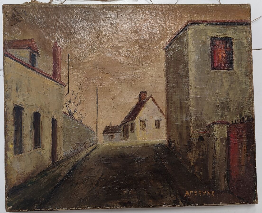 Null 吕西安-阿登纳（1914 - 1993）。 
荒芜的村庄、
布面油画，右下方有签名。 
22 x 27 厘米
(污迹、磨损）
附图：风景，马东（Le &hellip;