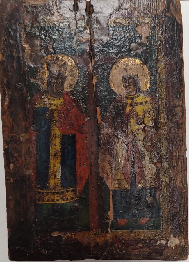 Null Icone Grecque figurant un roi et une reine sur panneau 
22 x 15,5 cm
(Manqu&hellip;
