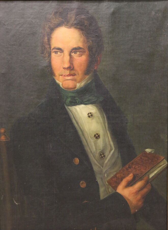 Null Ecole du XIXe siècle 
Portrait d'homme au livre 
Huile sur toile 
78,5 x 58&hellip;