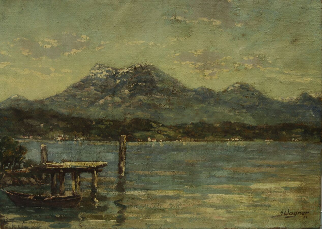 Null J. 瓦格纳（20 世纪）
四州之湖 
布面油画，右下方有签名，年代 52 
46 x 65 厘米