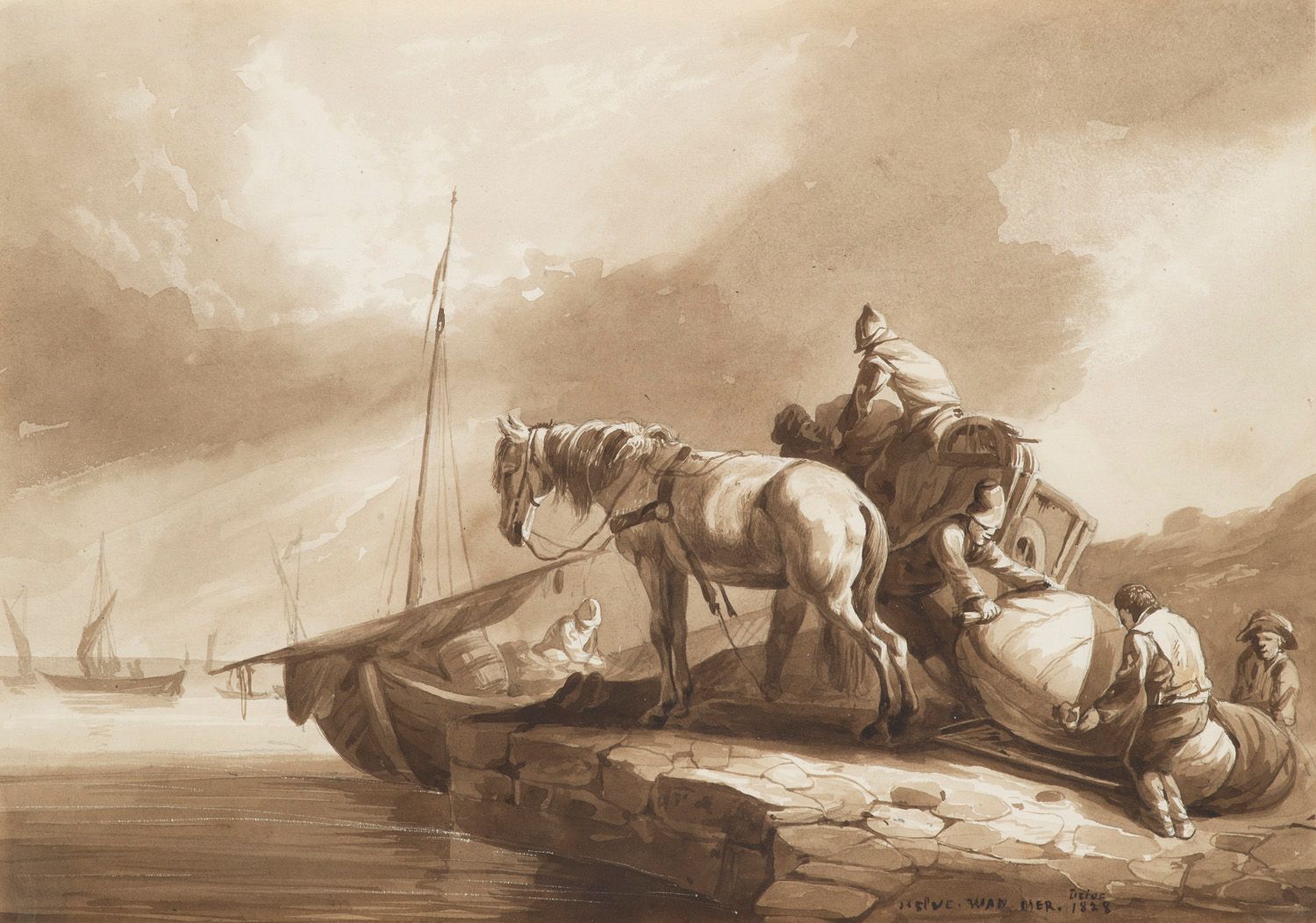 Wan Mer, Hervé (?) Bretonische Hafenszene. 1828. Lavierte Tusche über Bleistift,&hellip;