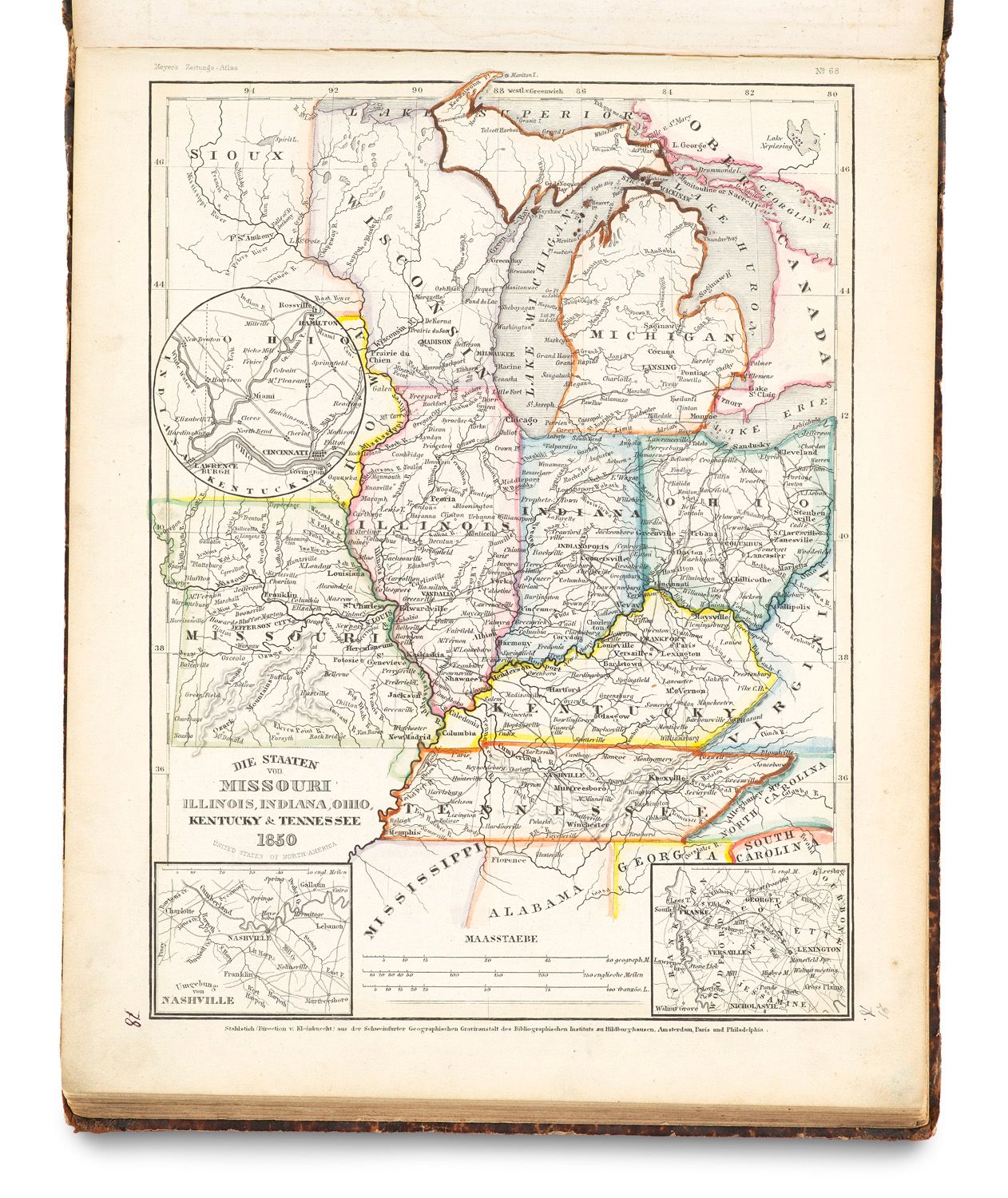 Meyer, J. Meyers Zeitungs-Atlas. Mit 66 (meist) grenzkol. Stahlstichkarten. (Hil&hellip;