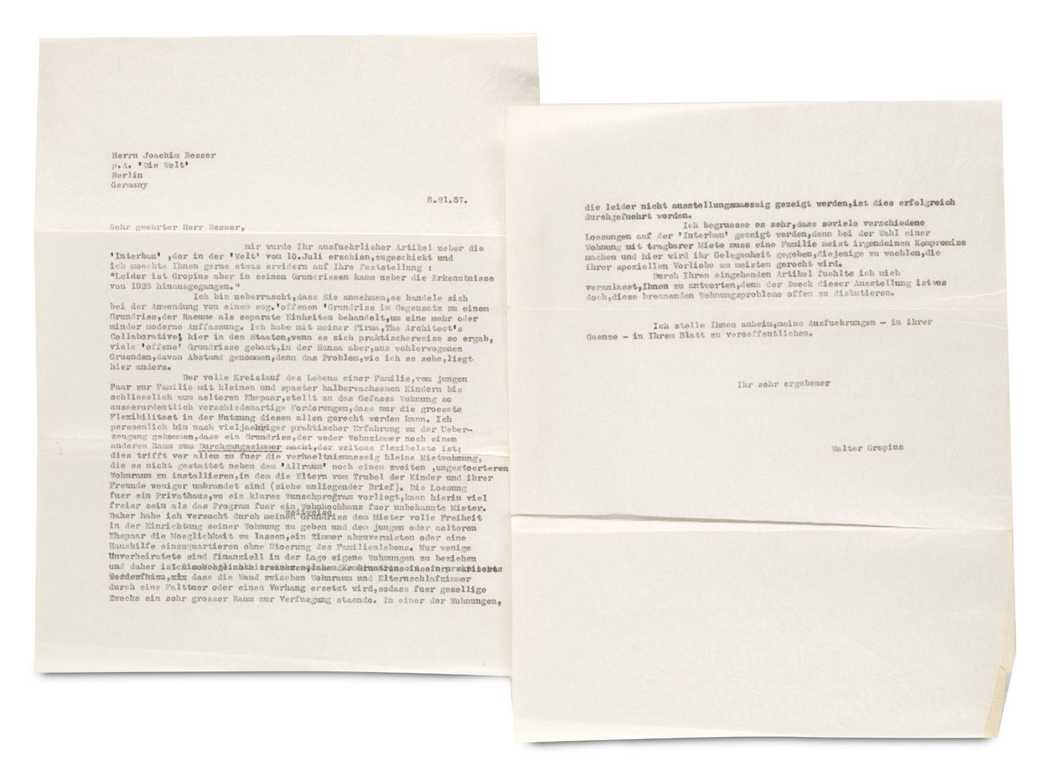 Gropius, Walter Zwei maschinenschriftliche Briefe, einer mit eigenhändiger Unter&hellip;