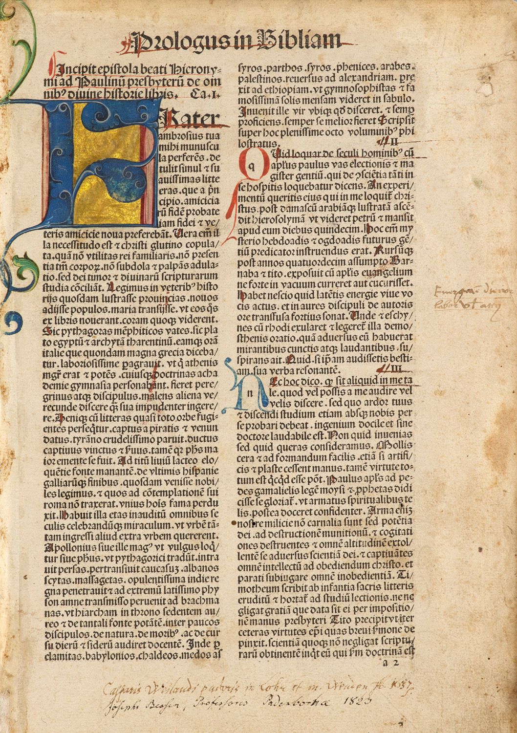 Biblia Latina. Mit großer Eingangsinitiale in Blau und Rot auf Goldgrund und dur&hellip;