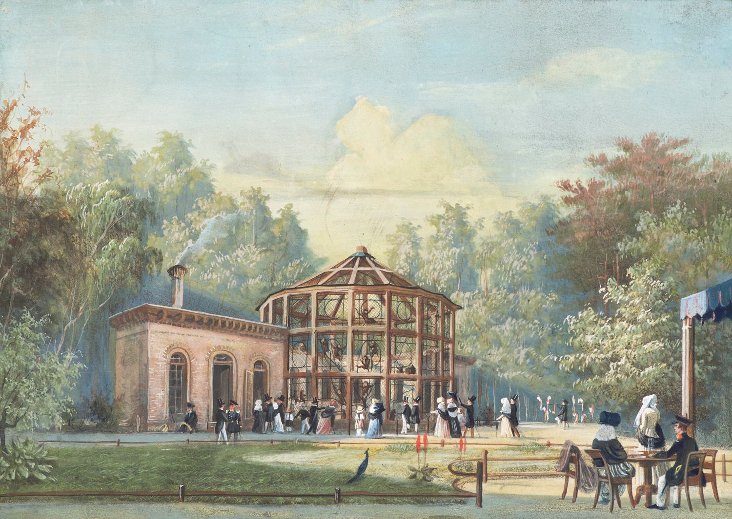 Ansicht des Zoologischen Gartens Berlins mit Affenhaus. Um 1844. Gouache, punktu&hellip;