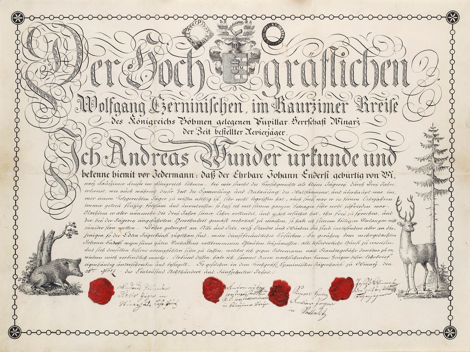 Handschriftlicher Lehrbrief mit originalen Federzeichnungen. Deutsche Handschrif&hellip;