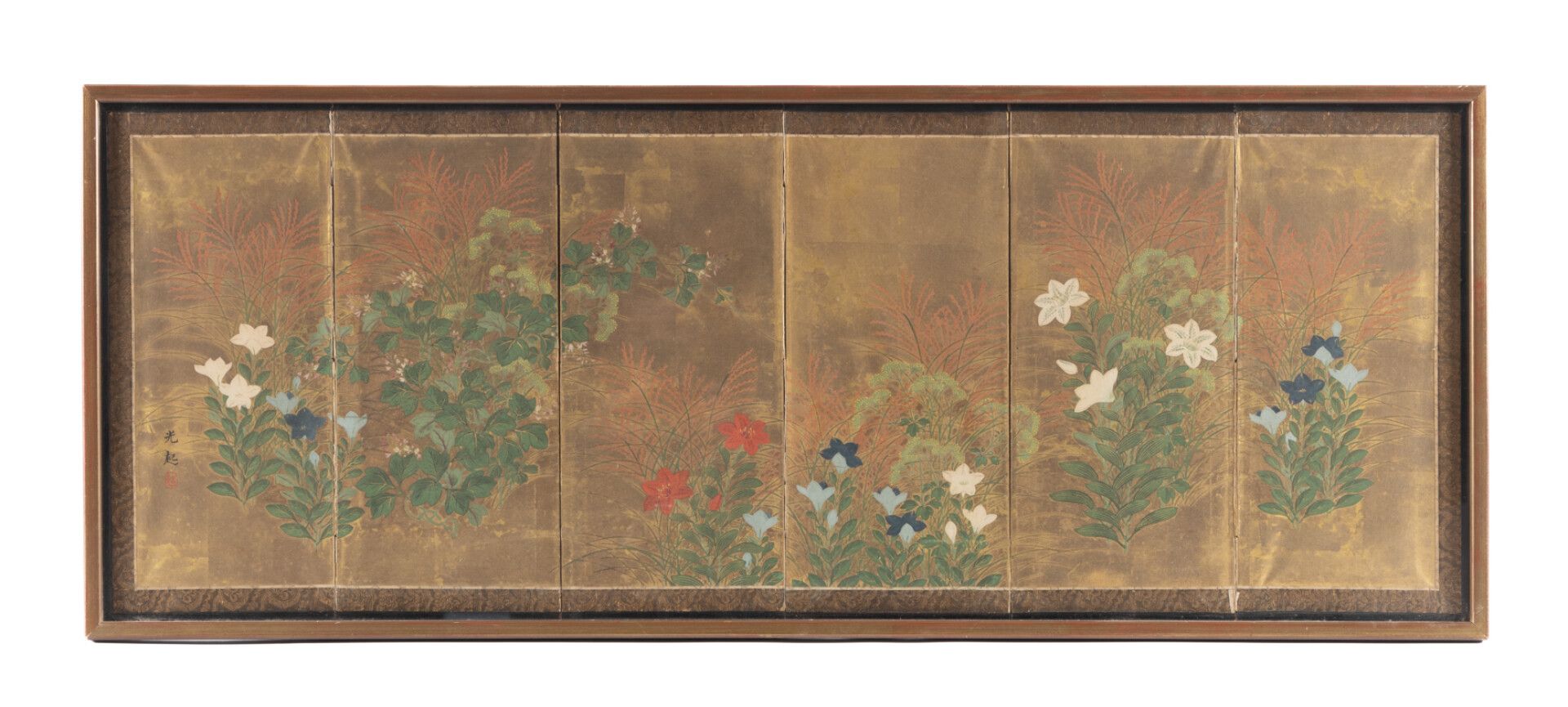 Null 日本 - 20世纪初

六叶屏风，水墨和色彩以及金箔在纸上，装饰着美丽的日间场景。签名：Kôki（泪水）。

尺寸37 x 106,5厘米。在玻璃下装&hellip;