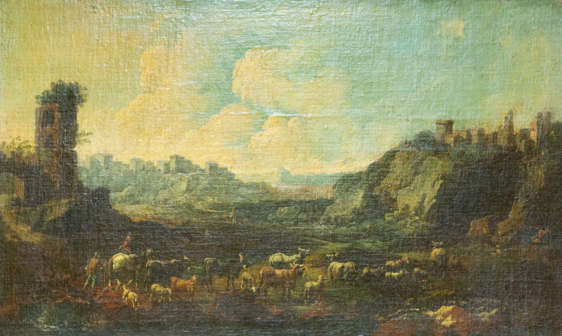 Null 归功于卡耶坦-罗斯（Cajetan ROOS）。"放牧场景"。布面油画，54x89cm。