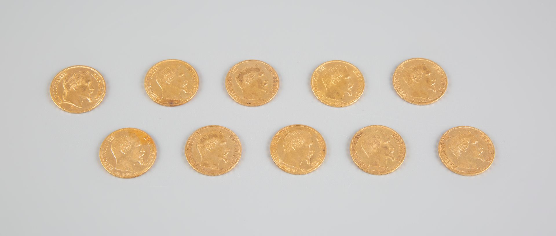 Null 
10 monete da 20 franchi d'oro di Napoleone III con l'anno 1855 D (Lione). &hellip;