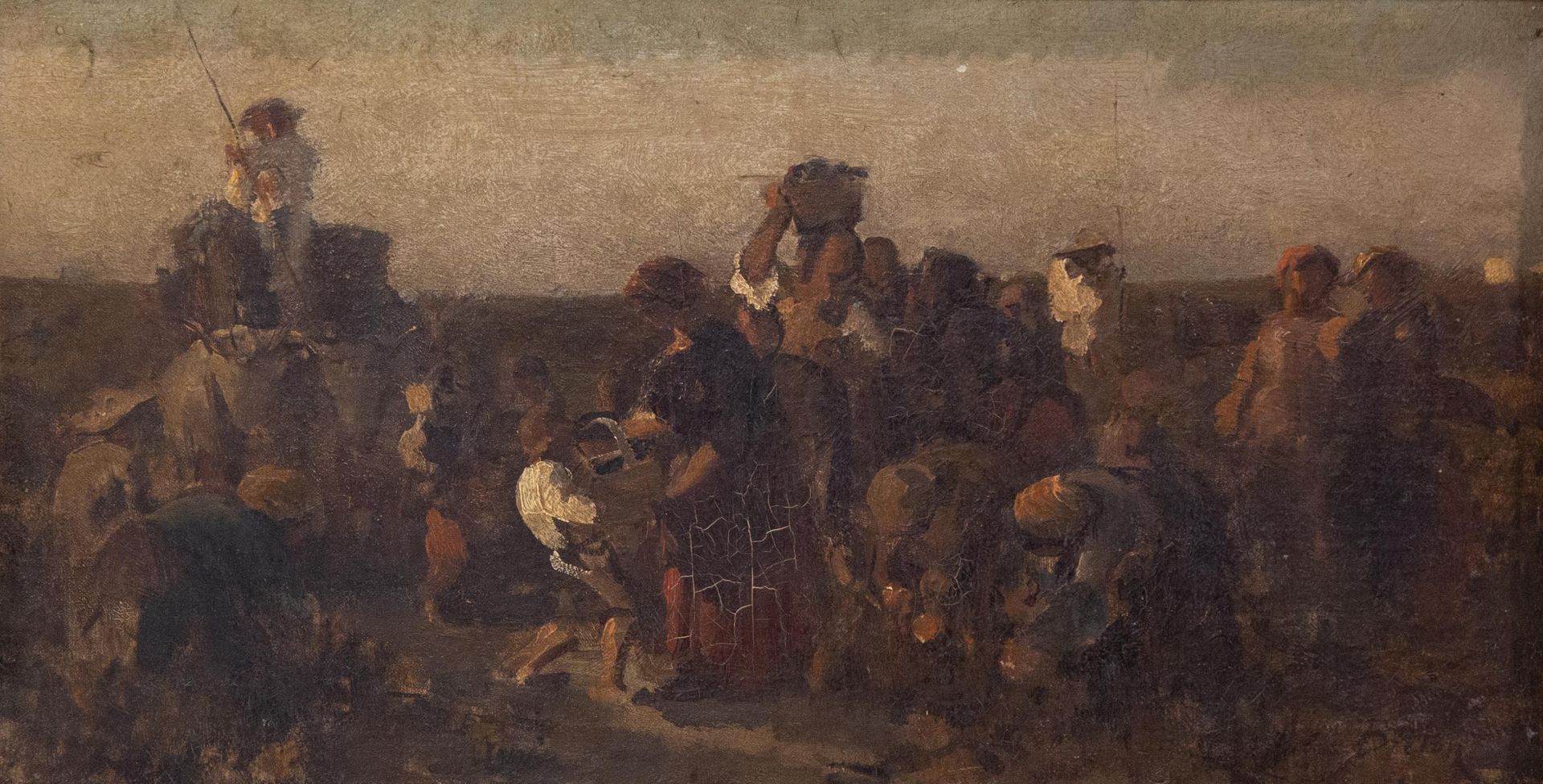 Null 儒勒-布莱顿（1827-1906）。"收获"。布面油画，右下角有签名。尺寸：23x43厘米