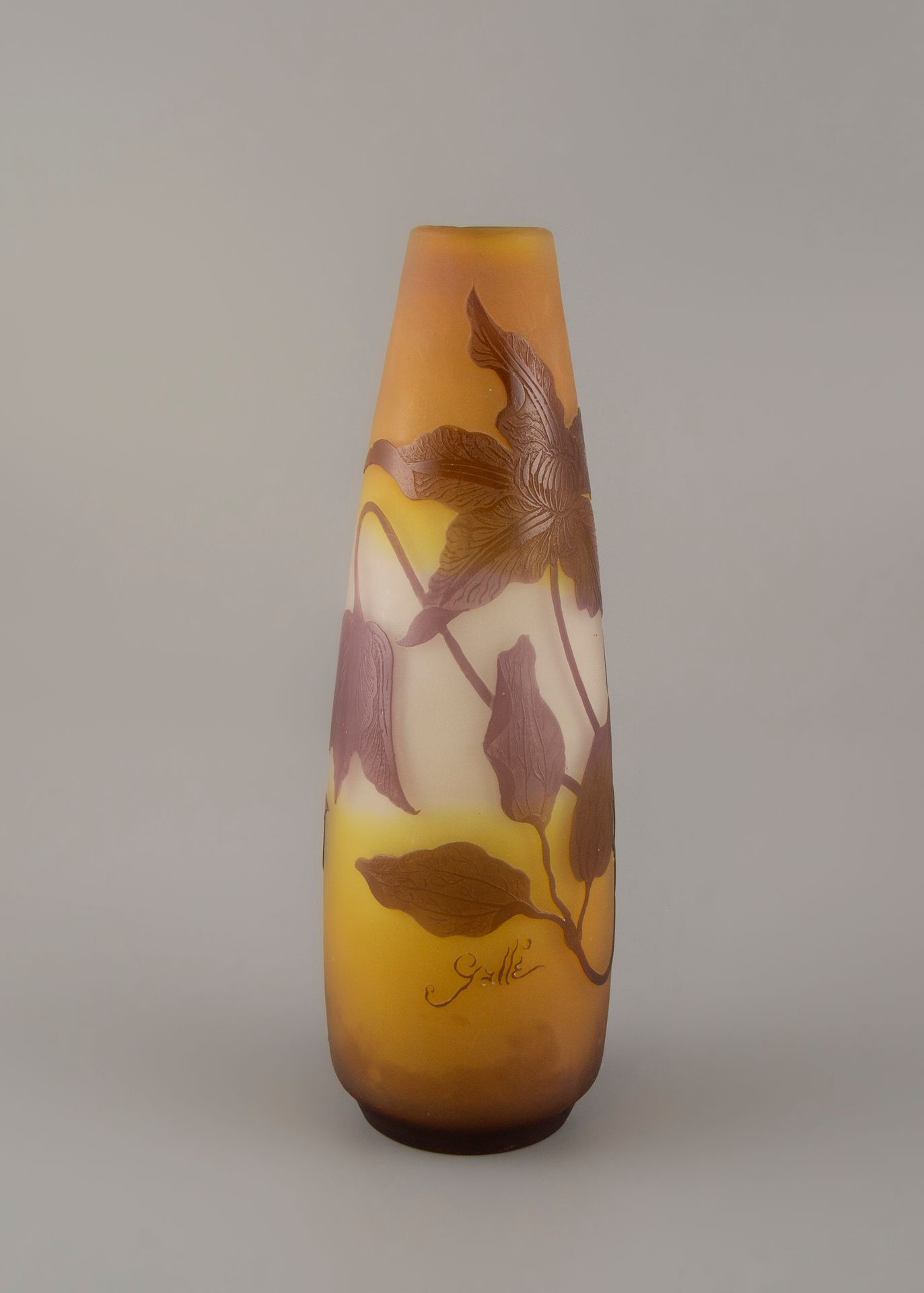 Null GALLE. Röhrenförmige Vase aus säuregeätztem Glas mit Pflanzenmotiven auf ge&hellip;