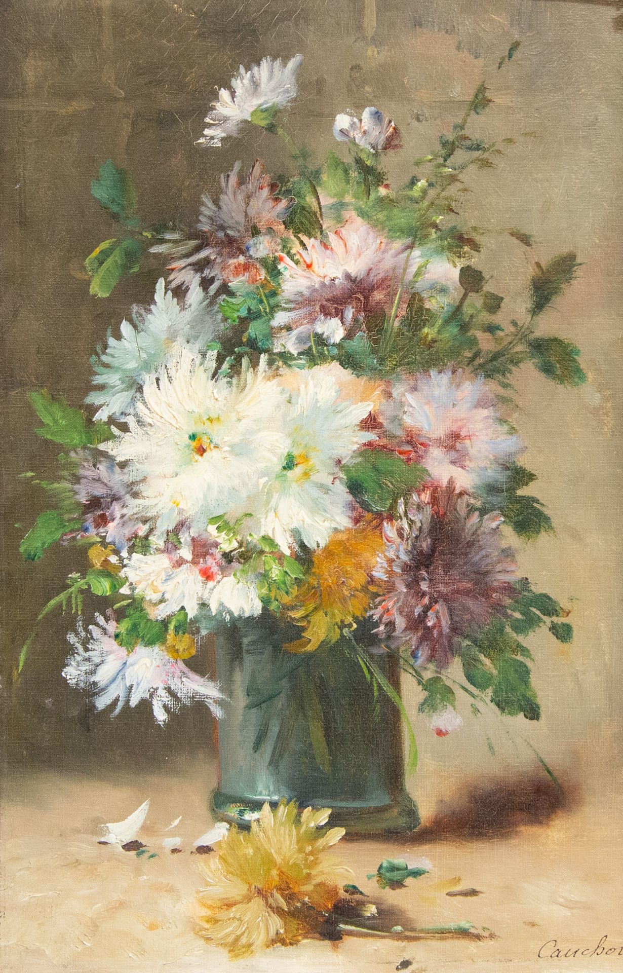 Null 欧仁-考绍斯（1850-1911）。"花瓶"。布面油画，右下角有签名。尺寸：41x27厘米（多处事故，框架缺失）。